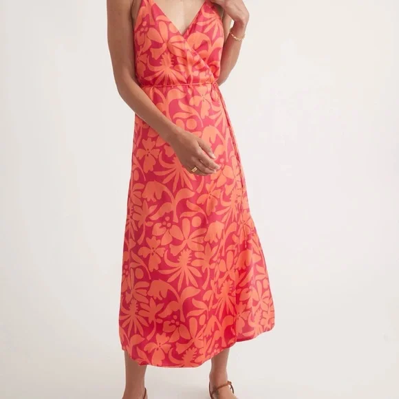 Floral Pink/orange wrap back cross Midi Dress casual classic summer - Picture 5 of 6